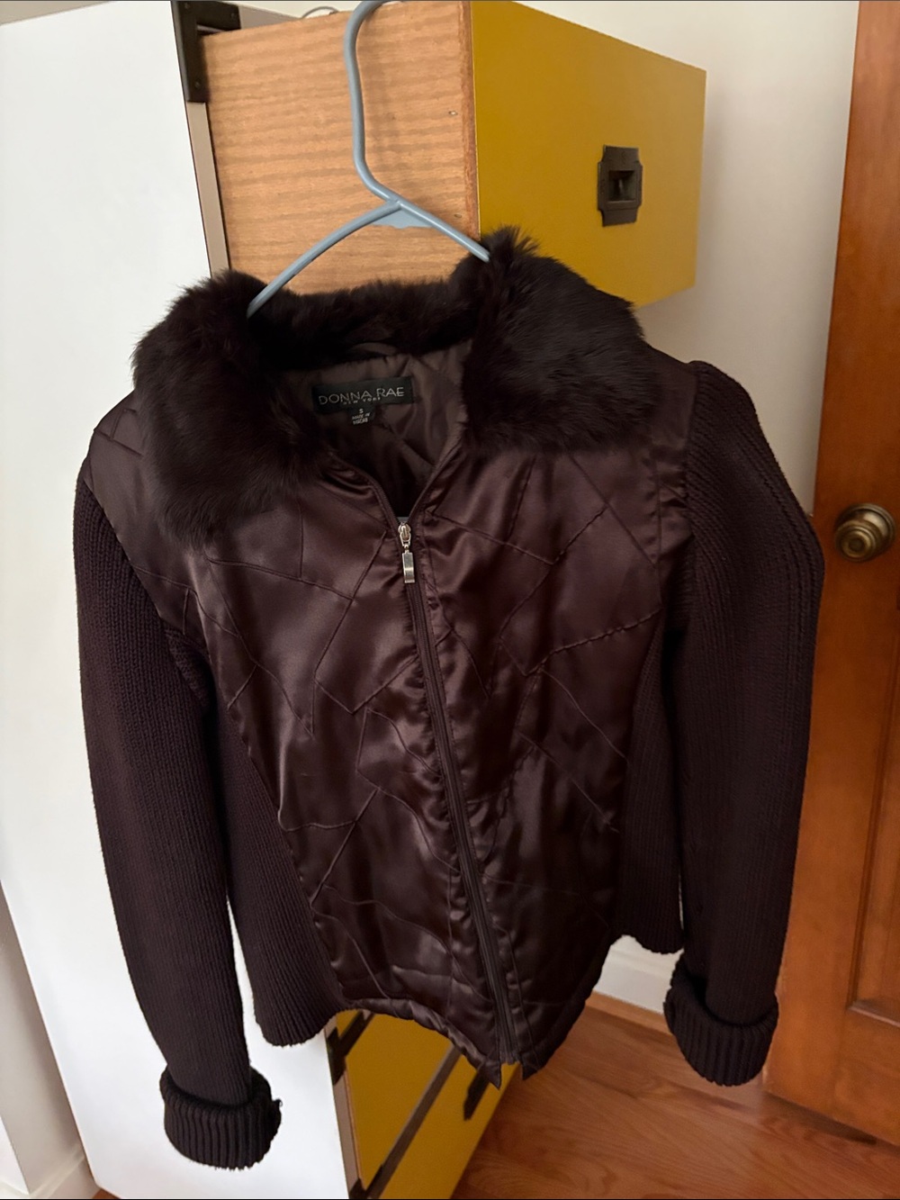 Donna Rae Dark Brown Quilted Bomber Jacket with Faux Fur Collar